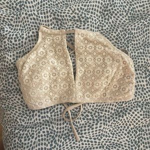 Cream, flower high neck bathing suit top